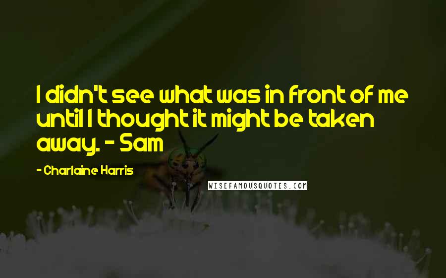 Charlaine Harris Quotes: I didn't see what was in front of me until I thought it might be taken away. - Sam