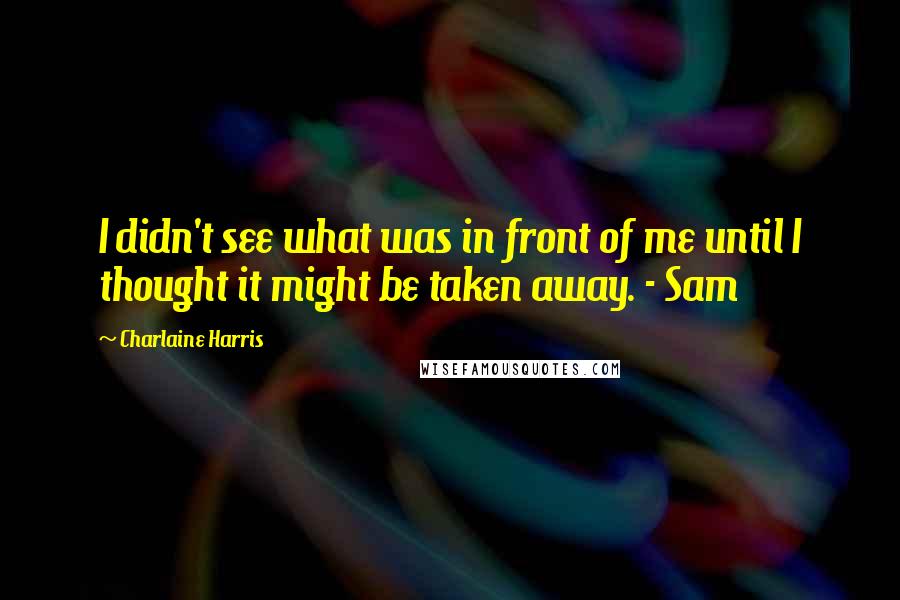 Charlaine Harris Quotes: I didn't see what was in front of me until I thought it might be taken away. - Sam