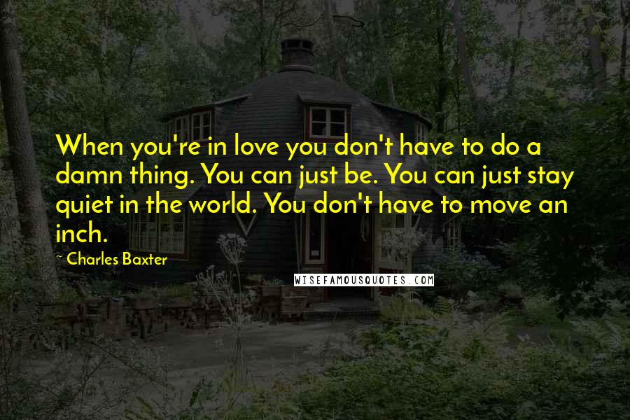 Charles Baxter Quotes: When you're in love you don't have to do a damn thing. You can just be. You can just stay quiet in the world. You don't have to move an inch.