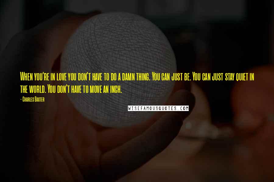 Charles Baxter Quotes: When you're in love you don't have to do a damn thing. You can just be. You can just stay quiet in the world. You don't have to move an inch.