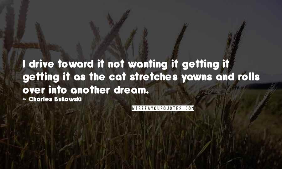 Charles Bukowski Quotes: I drive toward it not wanting it getting it getting it as the cat stretches yawns and rolls over into another dream.