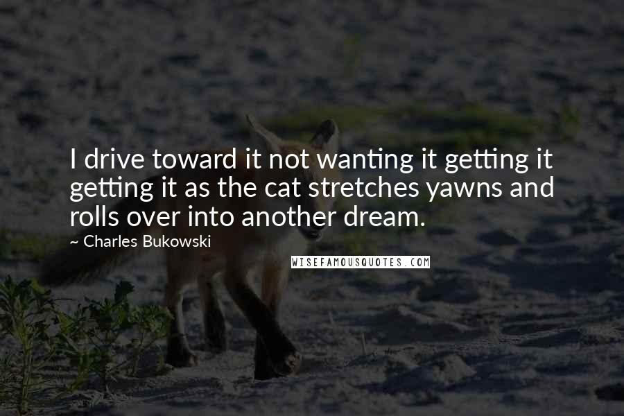 Charles Bukowski Quotes: I drive toward it not wanting it getting it getting it as the cat stretches yawns and rolls over into another dream.