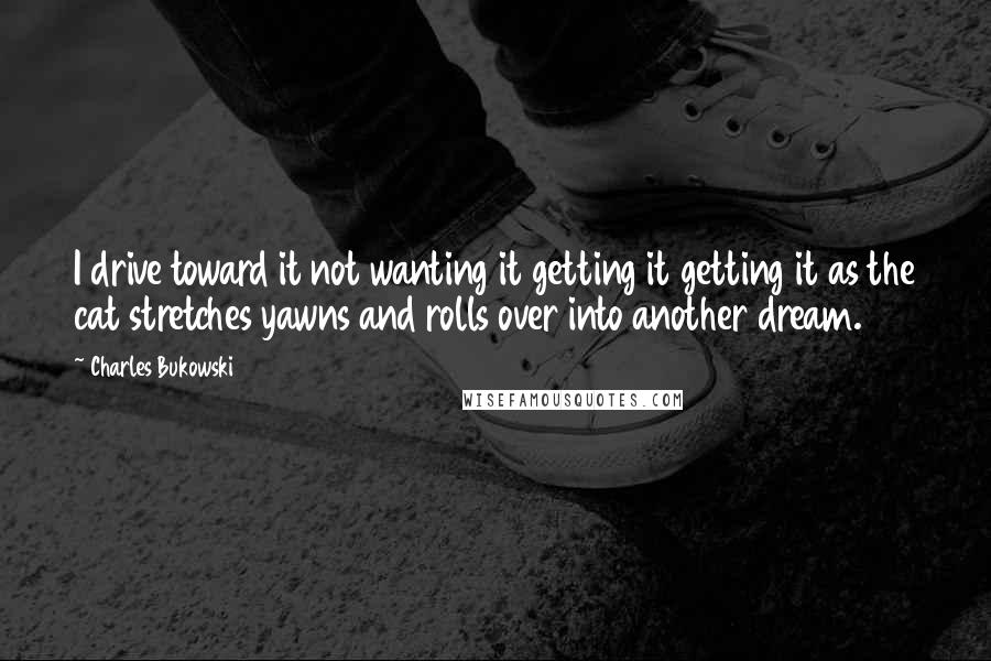 Charles Bukowski Quotes: I drive toward it not wanting it getting it getting it as the cat stretches yawns and rolls over into another dream.