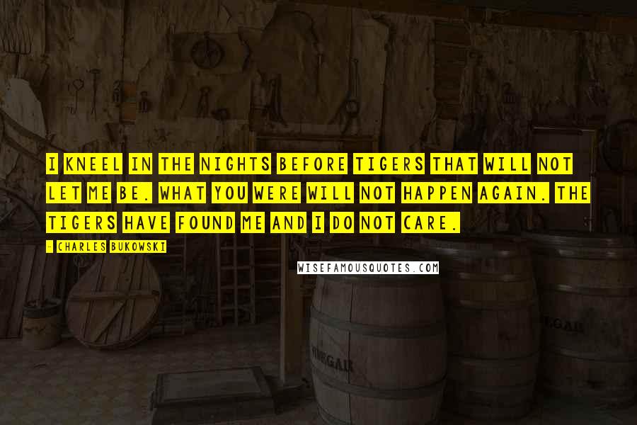 Charles Bukowski Quotes: I kneel in the nights before tigers that will not let me be. what you were will not happen again. the tigers have found me and I do not care.