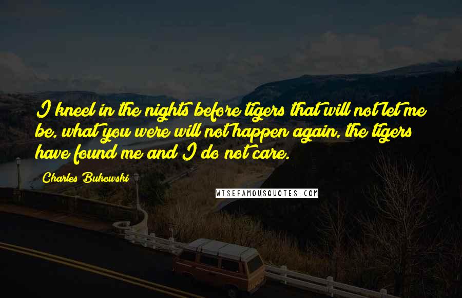 Charles Bukowski Quotes: I kneel in the nights before tigers that will not let me be. what you were will not happen again. the tigers have found me and I do not care.