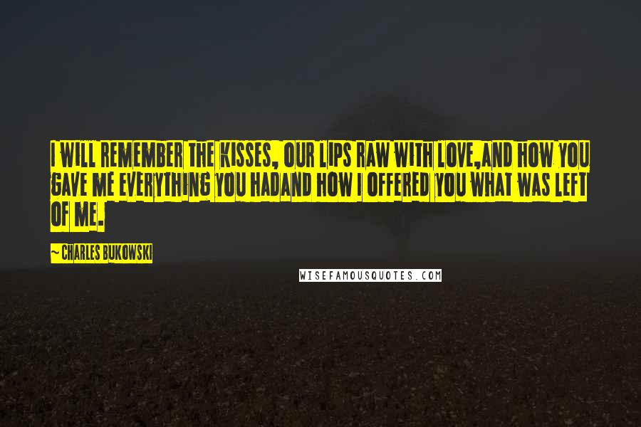 Charles Bukowski Quotes: I will remember the kisses, our lips raw with love,and how you gave me everything you hadand how I offered you what was left of me.