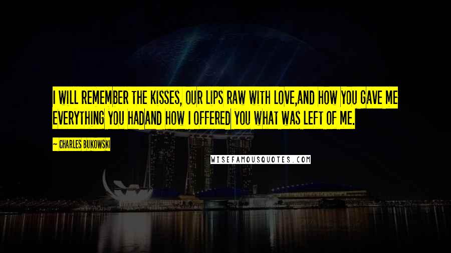 Charles Bukowski Quotes: I will remember the kisses, our lips raw with love,and how you gave me everything you hadand how I offered you what was left of me.