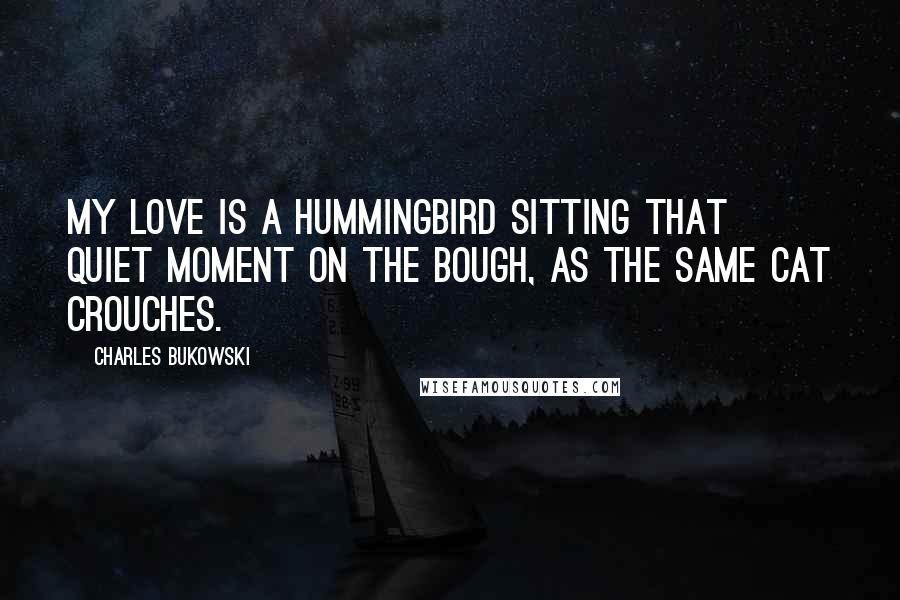 Charles Bukowski Quotes: My love is a hummingbird sitting that quiet moment on the bough, as the same cat crouches.