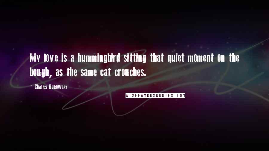 Charles Bukowski Quotes: My love is a hummingbird sitting that quiet moment on the bough, as the same cat crouches.