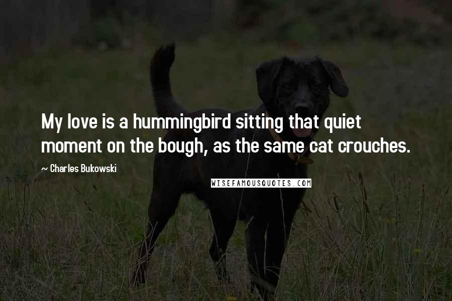 Charles Bukowski Quotes: My love is a hummingbird sitting that quiet moment on the bough, as the same cat crouches.