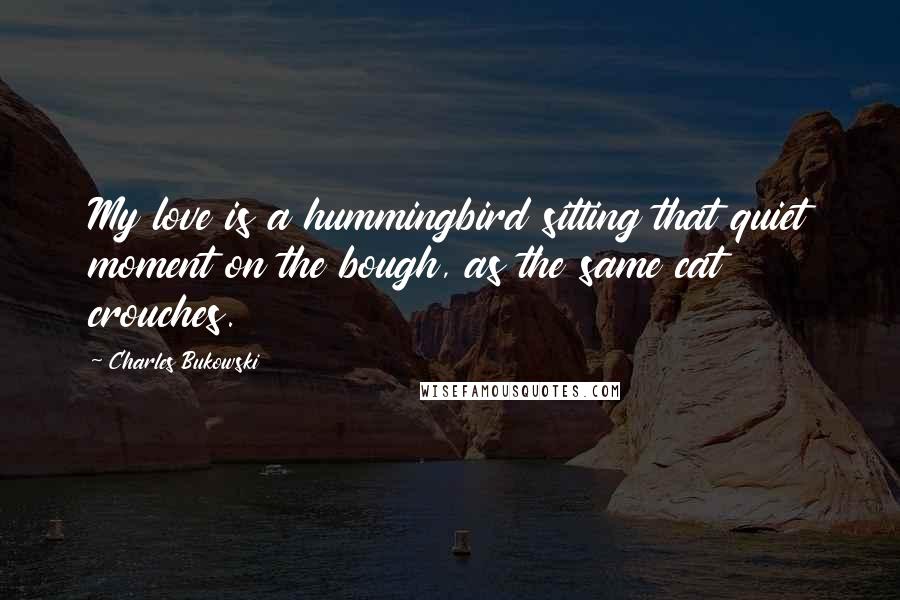 Charles Bukowski Quotes: My love is a hummingbird sitting that quiet moment on the bough, as the same cat crouches.