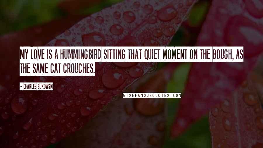 Charles Bukowski Quotes: My love is a hummingbird sitting that quiet moment on the bough, as the same cat crouches.