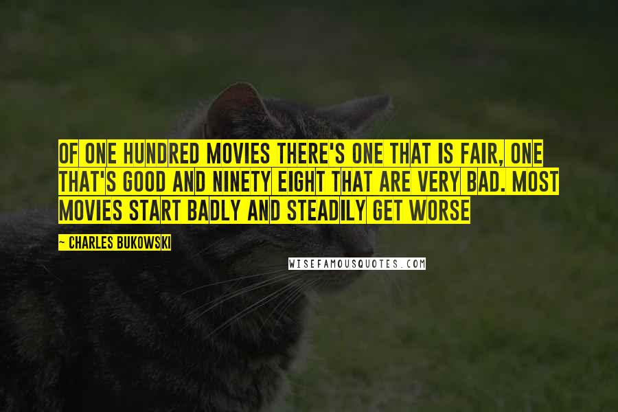 Charles Bukowski Quotes: Of one hundred movies there's one that is fair, one that's good and ninety eight that are very bad. most movies start badly and steadily get worse