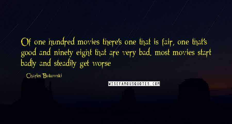 Charles Bukowski Quotes: Of one hundred movies there's one that is fair, one that's good and ninety eight that are very bad. most movies start badly and steadily get worse
