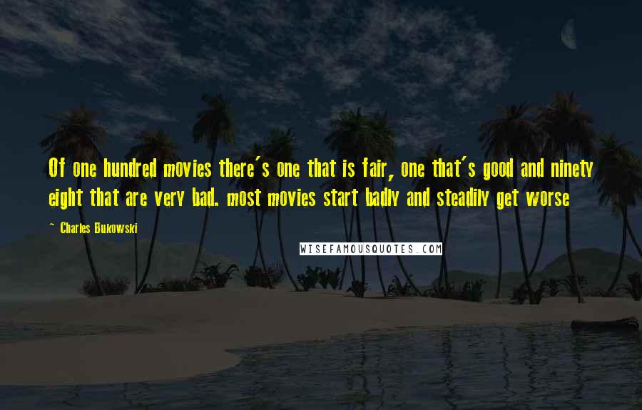 Charles Bukowski Quotes: Of one hundred movies there's one that is fair, one that's good and ninety eight that are very bad. most movies start badly and steadily get worse
