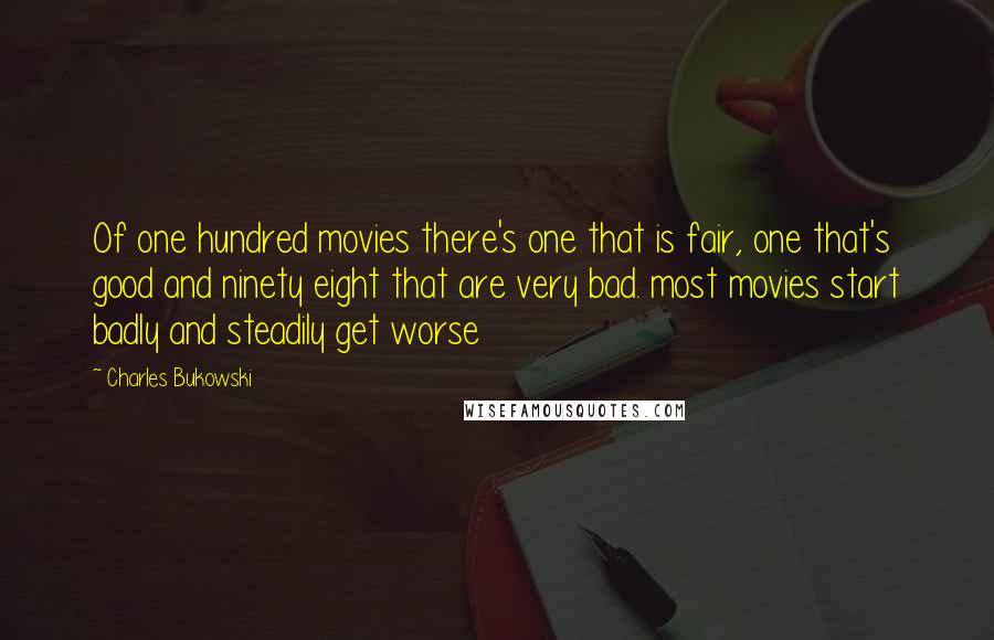 Charles Bukowski Quotes: Of one hundred movies there's one that is fair, one that's good and ninety eight that are very bad. most movies start badly and steadily get worse