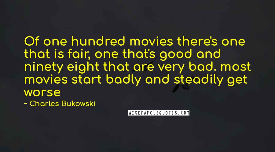 Charles Bukowski Quotes: Of one hundred movies there's one that is fair, one that's good and ninety eight that are very bad. most movies start badly and steadily get worse