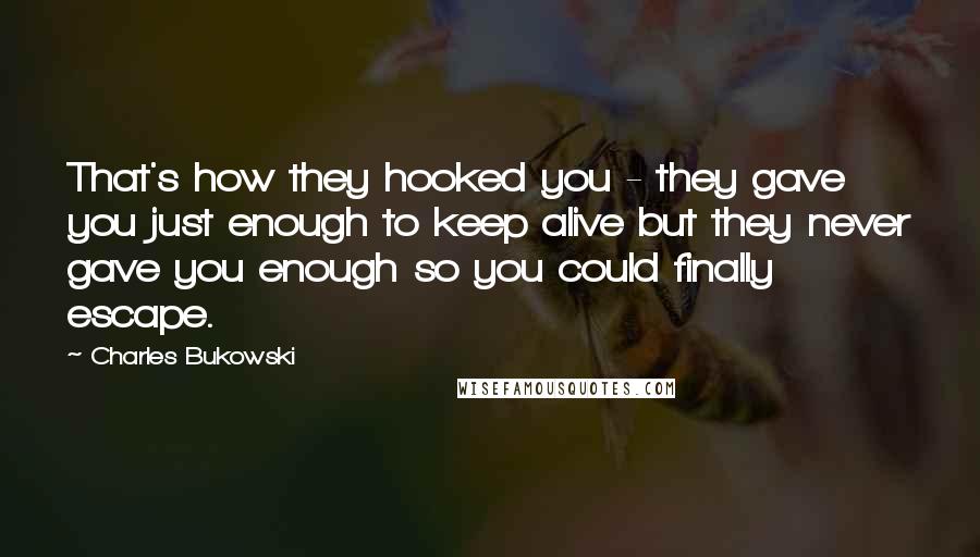 Charles Bukowski Quotes: That's how they hooked you - they gave you just enough to keep alive but they never gave you enough so you could finally escape.