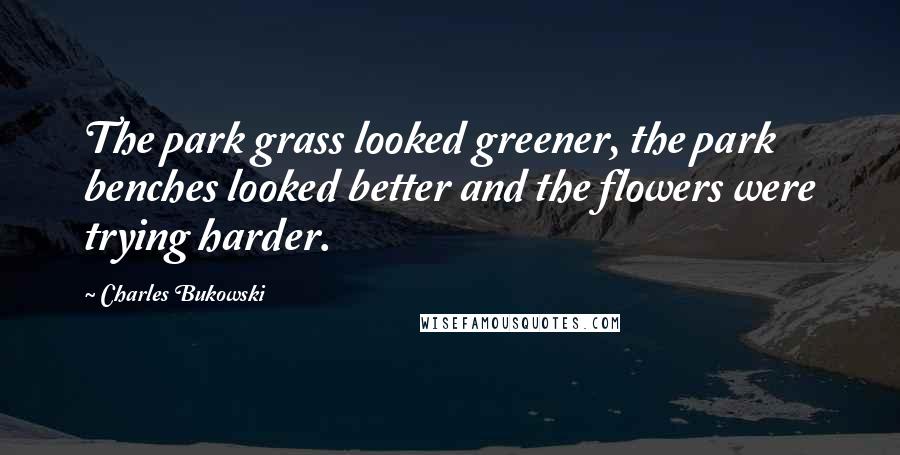 Charles Bukowski Quotes: The park grass looked greener, the park benches looked better and the flowers were trying harder.