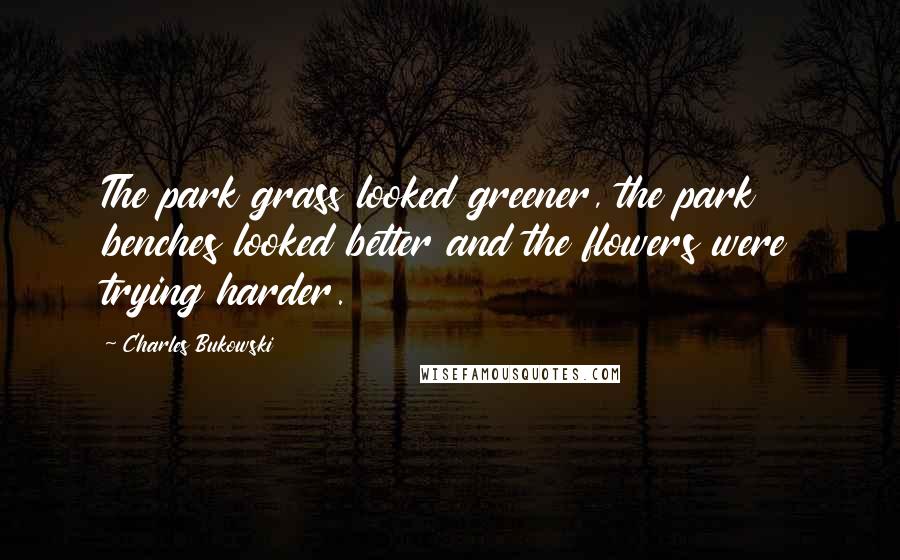 Charles Bukowski Quotes: The park grass looked greener, the park benches looked better and the flowers were trying harder.