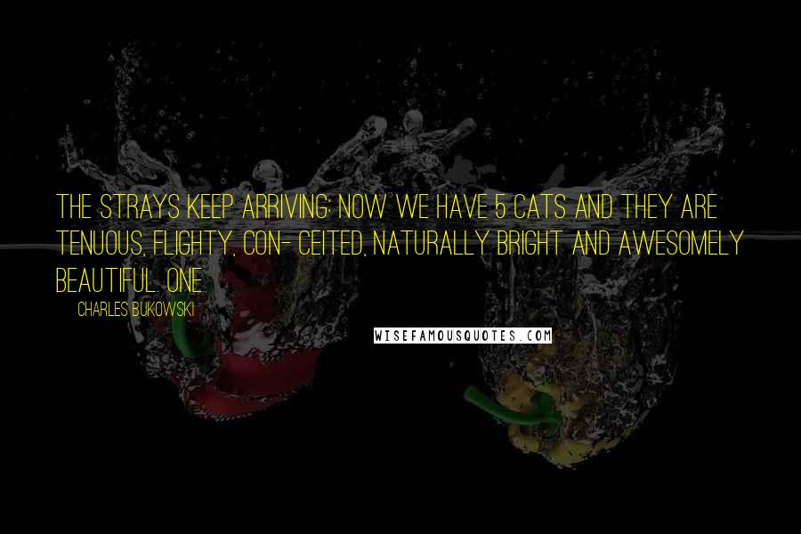 Charles Bukowski Quotes: The strays keep arriving: now we have 5 cats and they are tenuous, flighty, con- ceited, naturally bright and awesomely beautiful. one