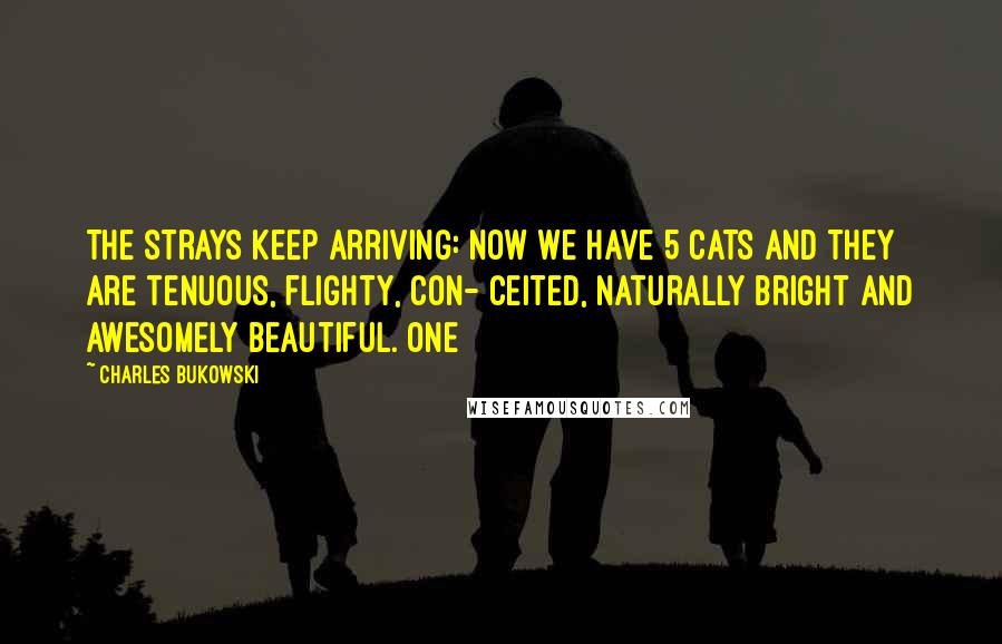 Charles Bukowski Quotes: The strays keep arriving: now we have 5 cats and they are tenuous, flighty, con- ceited, naturally bright and awesomely beautiful. one