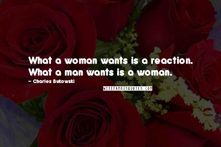 Charles Bukowski Quotes: What a woman wants is a reaction. What a man wants is a woman.