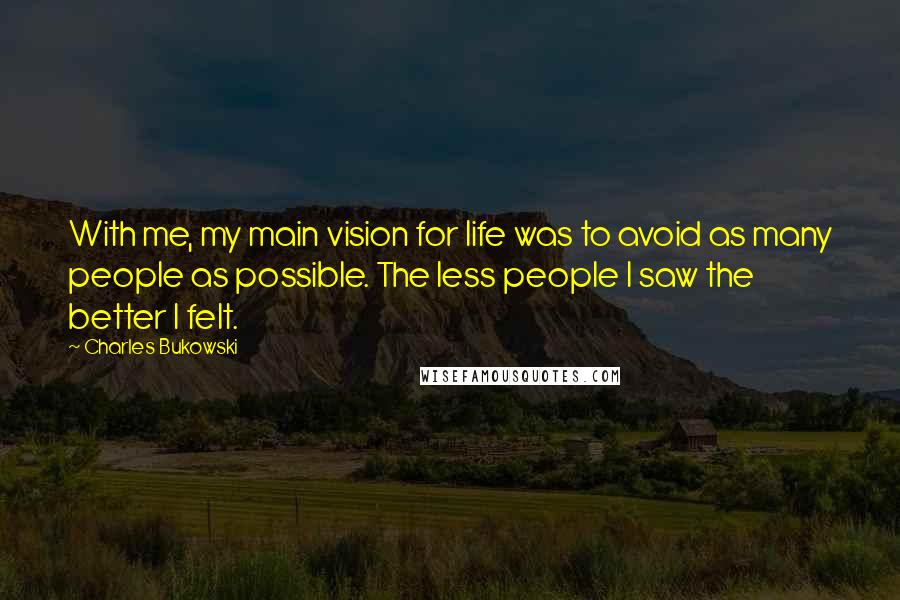 Charles Bukowski Quotes: With me, my main vision for life was to avoid as many people as possible. The less people I saw the better I felt.