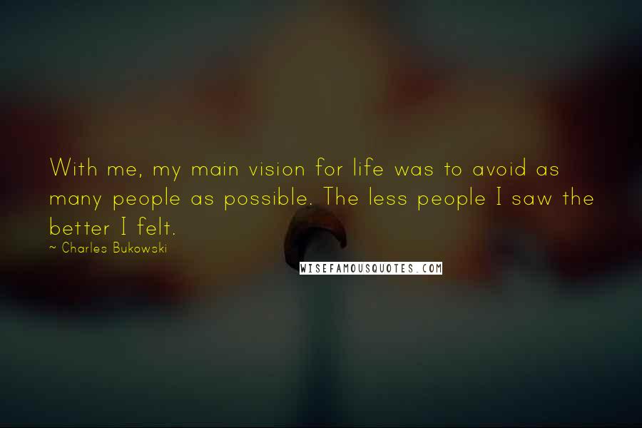 Charles Bukowski Quotes: With me, my main vision for life was to avoid as many people as possible. The less people I saw the better I felt.