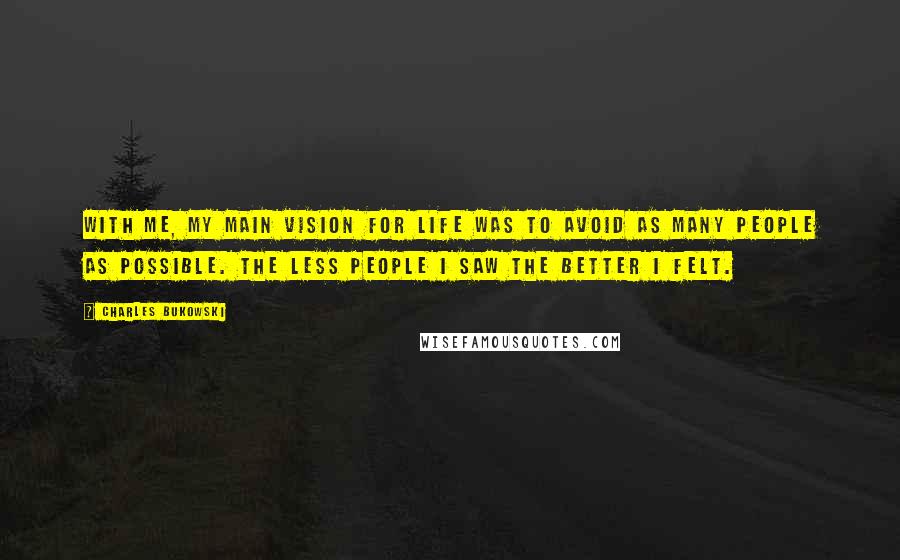 Charles Bukowski Quotes: With me, my main vision for life was to avoid as many people as possible. The less people I saw the better I felt.