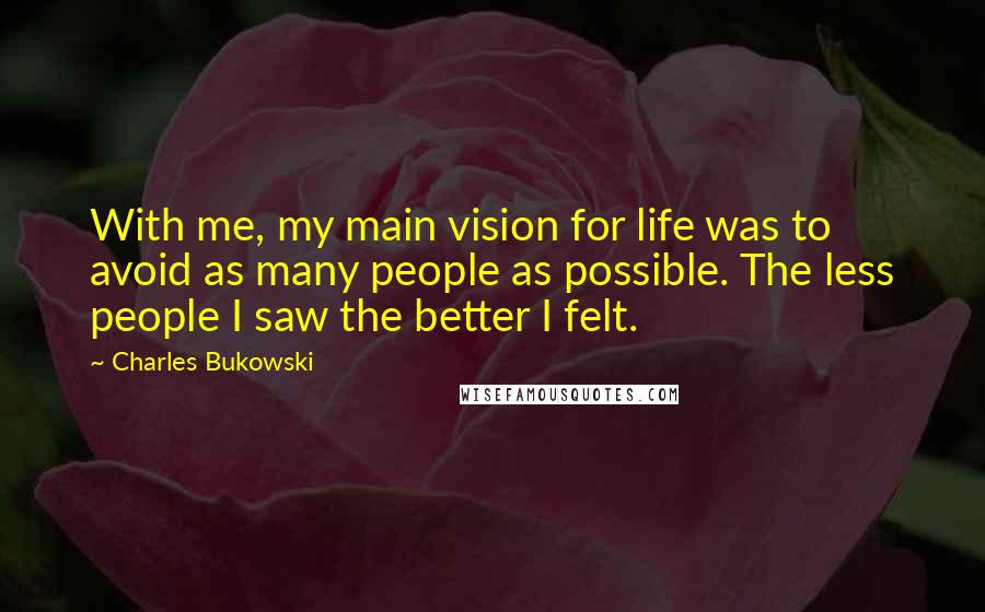 Charles Bukowski Quotes: With me, my main vision for life was to avoid as many people as possible. The less people I saw the better I felt.