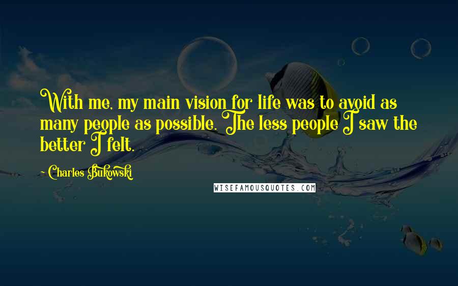 Charles Bukowski Quotes: With me, my main vision for life was to avoid as many people as possible. The less people I saw the better I felt.