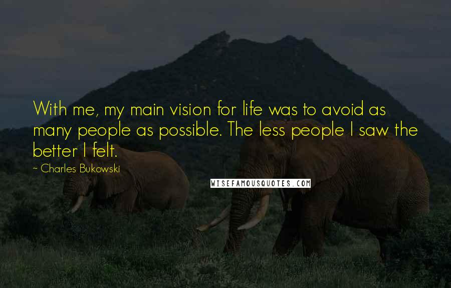 Charles Bukowski Quotes: With me, my main vision for life was to avoid as many people as possible. The less people I saw the better I felt.