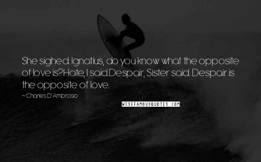 Charles D'Ambrosio Quotes: She sighed. Ignatius, do you know what the opposite of love is?Hate, I said.Despair, Sister said. Despair is the opposite of love.