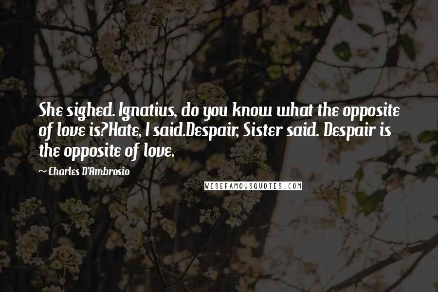 Charles D'Ambrosio Quotes: She sighed. Ignatius, do you know what the opposite of love is?Hate, I said.Despair, Sister said. Despair is the opposite of love.