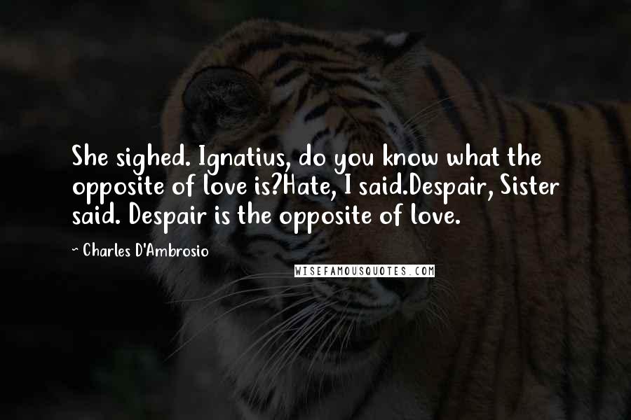 Charles D'Ambrosio Quotes: She sighed. Ignatius, do you know what the opposite of love is?Hate, I said.Despair, Sister said. Despair is the opposite of love.