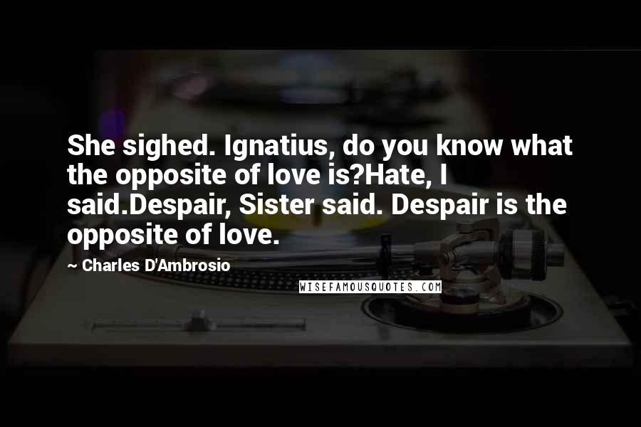 Charles D'Ambrosio Quotes: She sighed. Ignatius, do you know what the opposite of love is?Hate, I said.Despair, Sister said. Despair is the opposite of love.