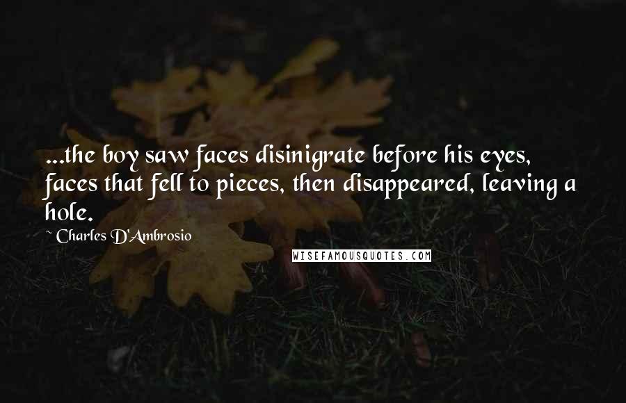 Charles D'Ambrosio Quotes: ...the boy saw faces disinigrate before his eyes, faces that fell to pieces, then disappeared, leaving a hole.