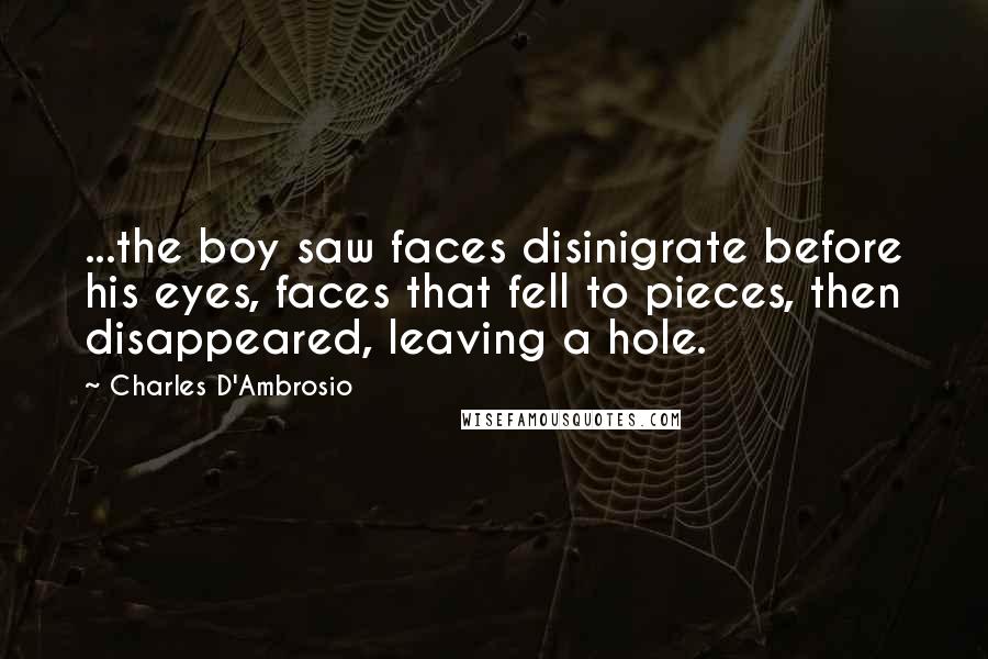 Charles D'Ambrosio Quotes: ...the boy saw faces disinigrate before his eyes, faces that fell to pieces, then disappeared, leaving a hole.