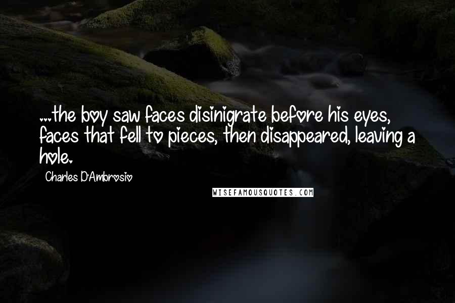 Charles D'Ambrosio Quotes: ...the boy saw faces disinigrate before his eyes, faces that fell to pieces, then disappeared, leaving a hole.
