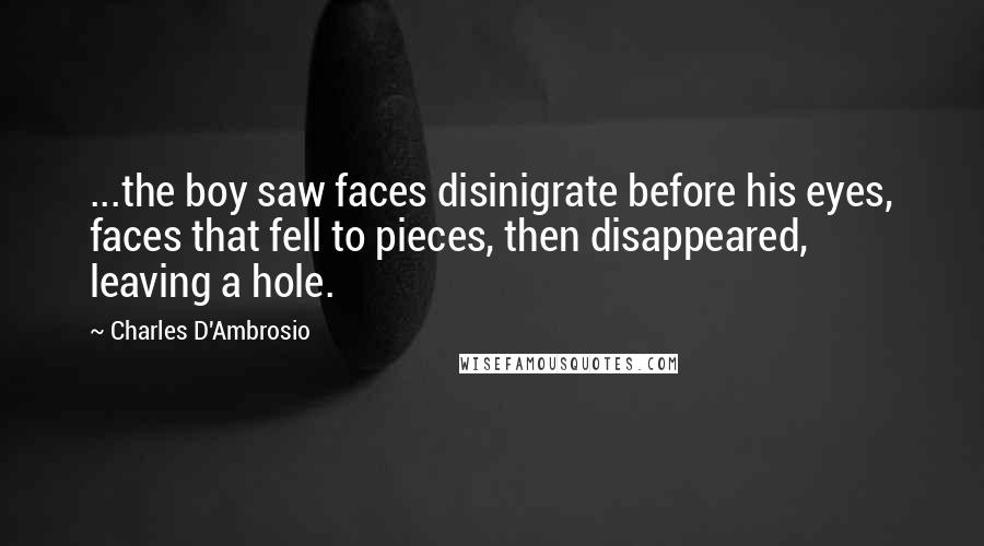 Charles D'Ambrosio Quotes: ...the boy saw faces disinigrate before his eyes, faces that fell to pieces, then disappeared, leaving a hole.
