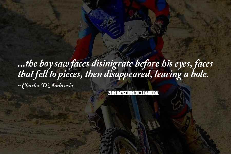 Charles D'Ambrosio Quotes: ...the boy saw faces disinigrate before his eyes, faces that fell to pieces, then disappeared, leaving a hole.