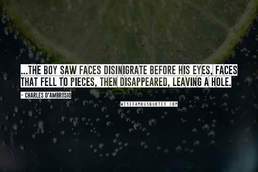 Charles D'Ambrosio Quotes: ...the boy saw faces disinigrate before his eyes, faces that fell to pieces, then disappeared, leaving a hole.