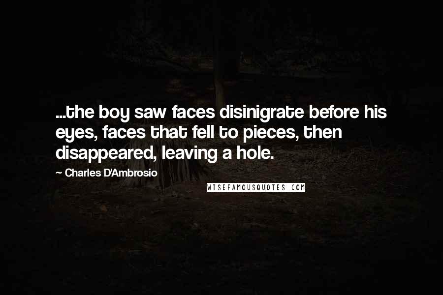 Charles D'Ambrosio Quotes: ...the boy saw faces disinigrate before his eyes, faces that fell to pieces, then disappeared, leaving a hole.