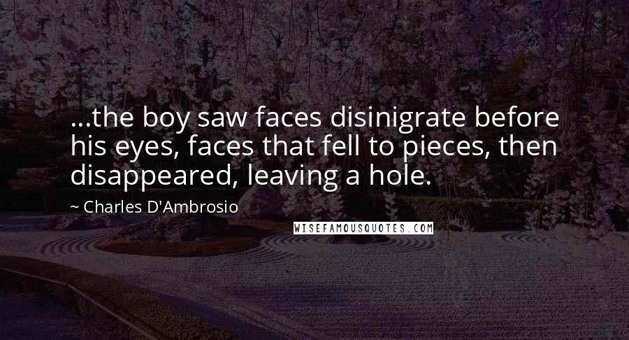 Charles D'Ambrosio Quotes: ...the boy saw faces disinigrate before his eyes, faces that fell to pieces, then disappeared, leaving a hole.