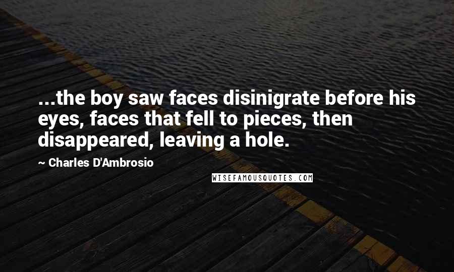 Charles D'Ambrosio Quotes: ...the boy saw faces disinigrate before his eyes, faces that fell to pieces, then disappeared, leaving a hole.