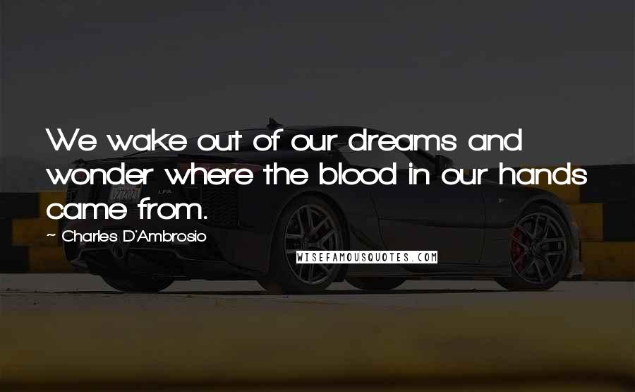 Charles D'Ambrosio Quotes: We wake out of our dreams and wonder where the blood in our hands came from.