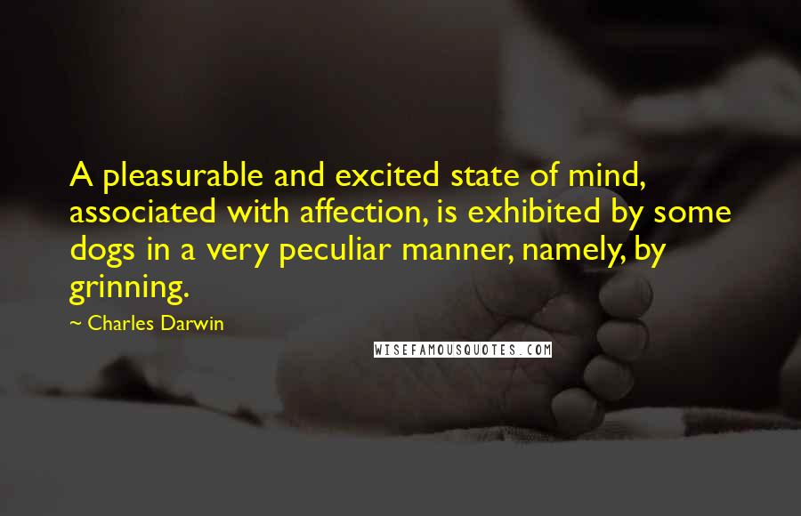 Charles Darwin Quotes: A pleasurable and excited state of mind, associated with affection, is exhibited by some dogs in a very peculiar manner, namely, by grinning.