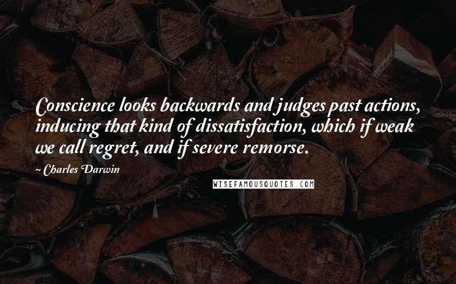 Charles Darwin Quotes: Conscience looks backwards and judges past actions, inducing that kind of dissatisfaction, which if weak we call regret, and if severe remorse.