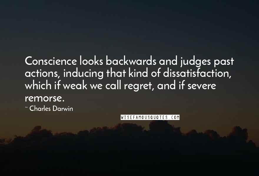 Charles Darwin Quotes: Conscience looks backwards and judges past actions, inducing that kind of dissatisfaction, which if weak we call regret, and if severe remorse.